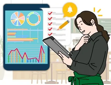 タブレットの分析画面を見ながら作業計画を考える女性。