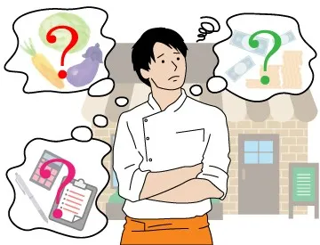 飲食店経営者が仕入や売上に悩んでいる様子のイラスト。