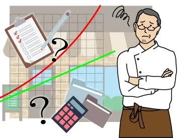 売上や費用の見通しが立たず、計画作成に悩んでいる店主の様子です。